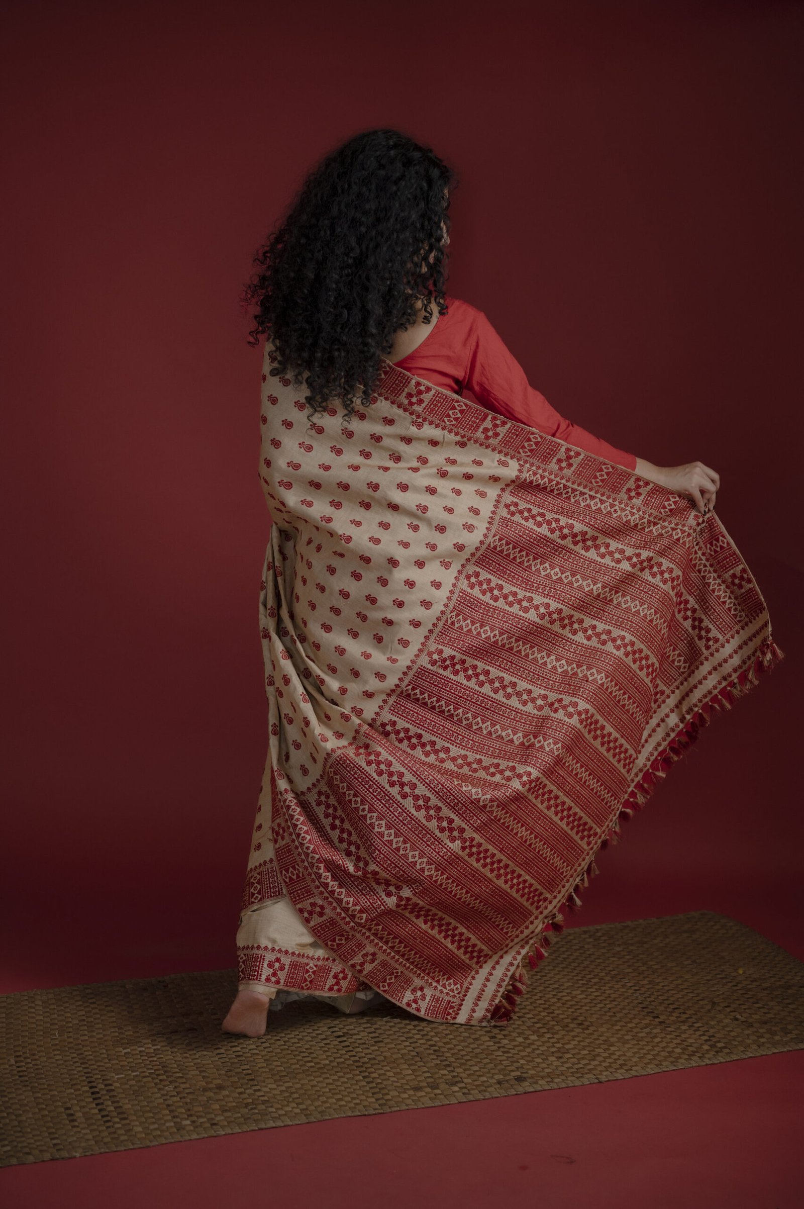 Pure Muga Assam Silk Saree With Red Motifs - Image 5