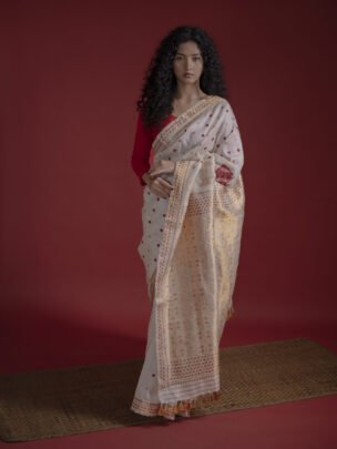 Off White Mulberry Tussar Assam Silk Saree Zari And Thread Motifs Mayurisilk