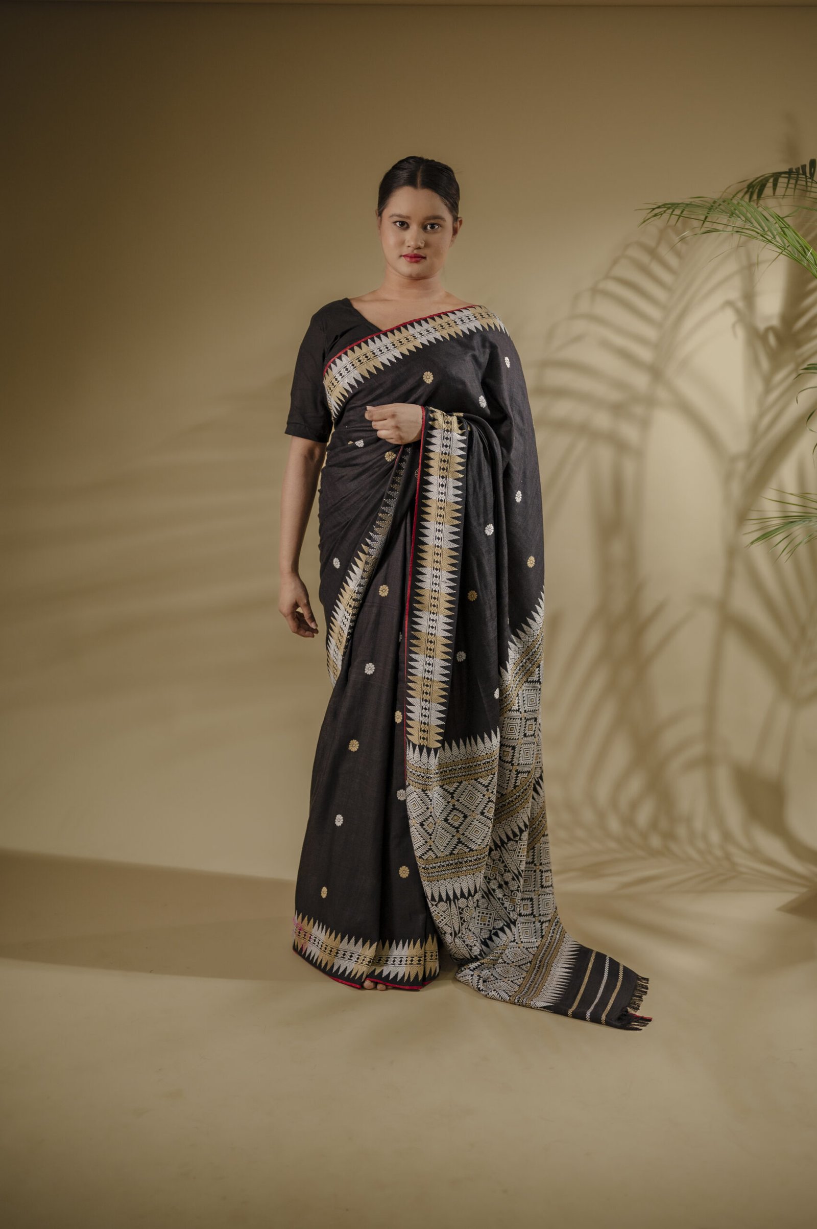 Black Eri Silk Saree With Interwoven Border