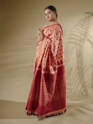 Peach Assam Silk Saree With Maroon Motifs