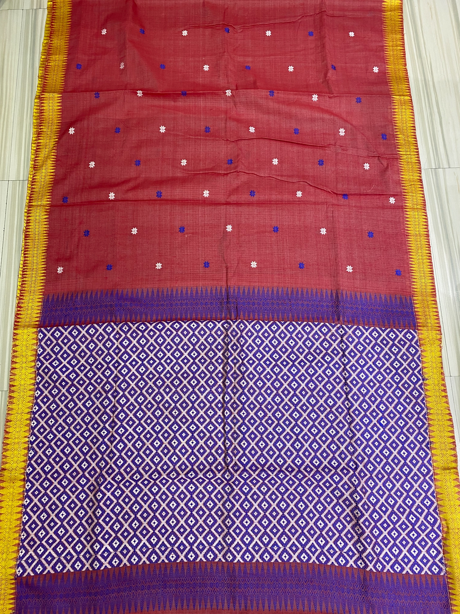 Brick Red Pure Eri Mulberry Assam Silk Saree with Thread Work – ES41