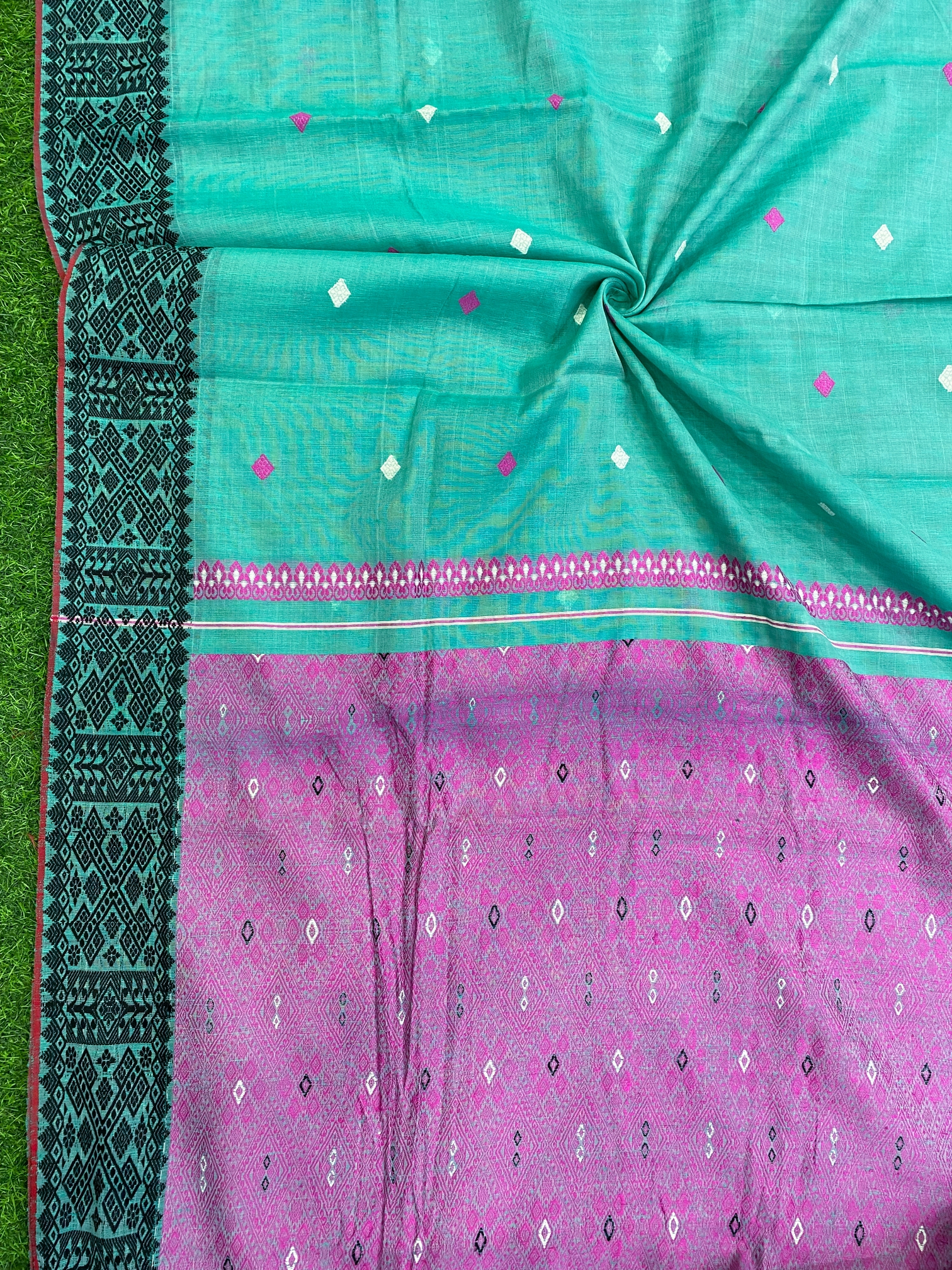Sea Green Pure Eri Mulberry Assam Silk Saree with Thread Work – ES42