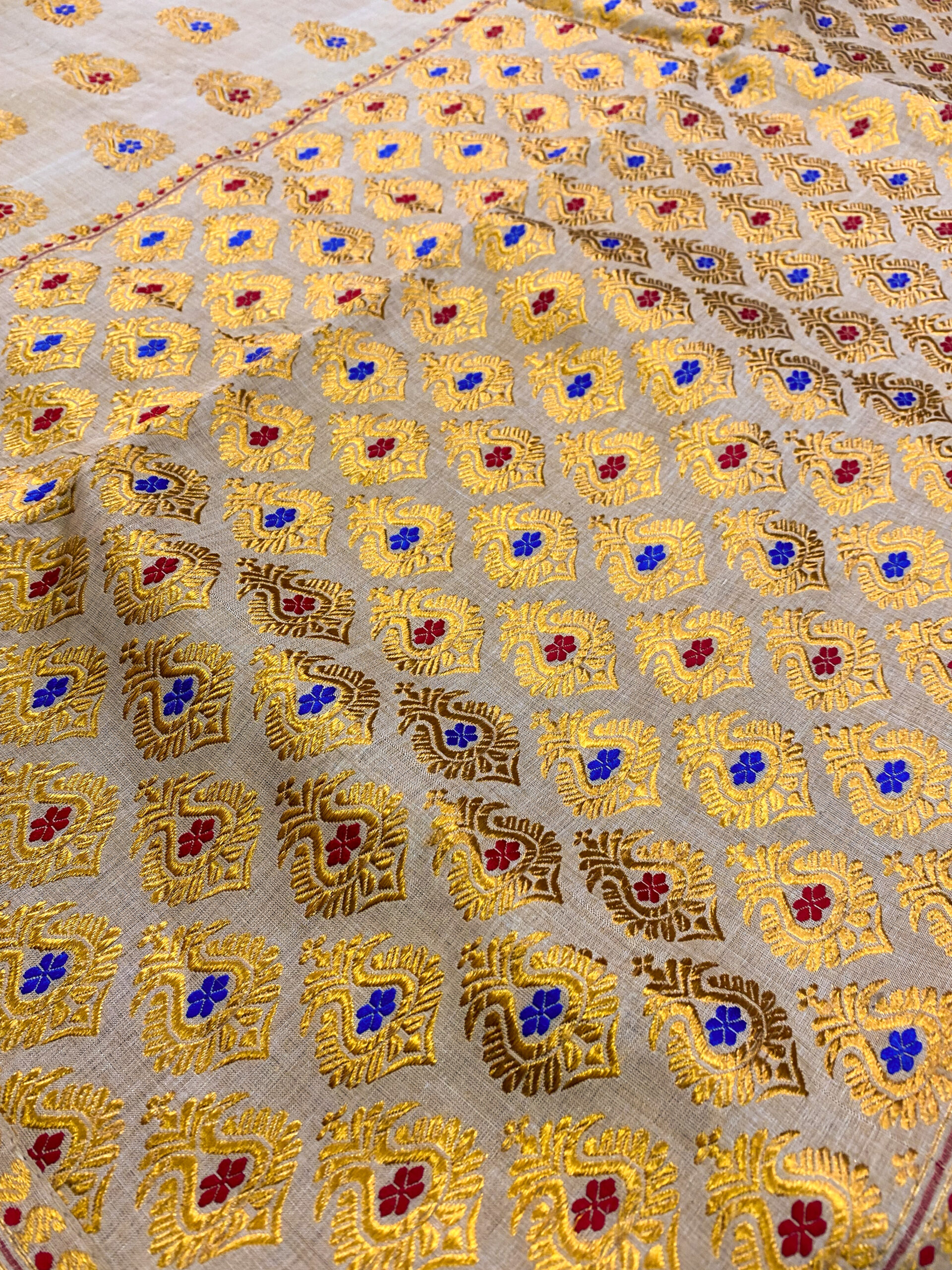 Pure Muga Silk Saree with Golden Zari and Multicolour Meena – MG12