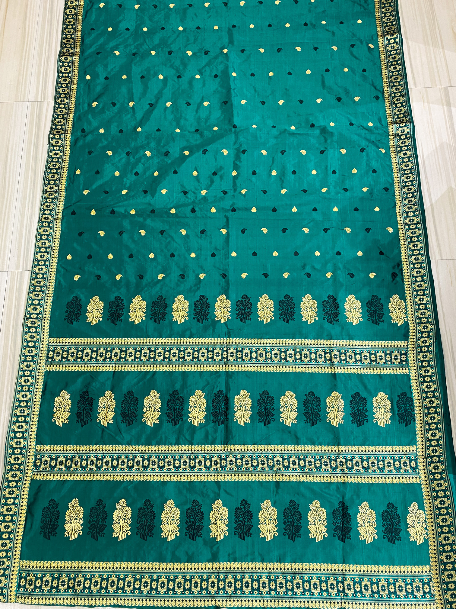 Bottle Green Pure Paat/Mulberry Assam Silk Saree with Multicolour Motifs-MS188